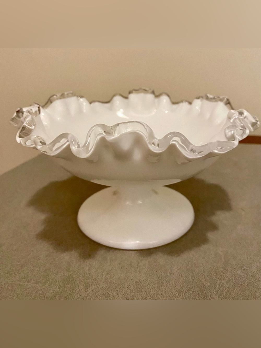 Vintage Fenton White Glass Silver Crest Ruffled Edge Pedestal Compote Bowl